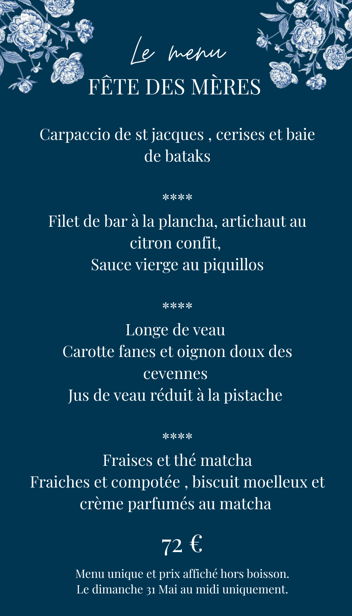 Menu de la fête des mères - villa du lac